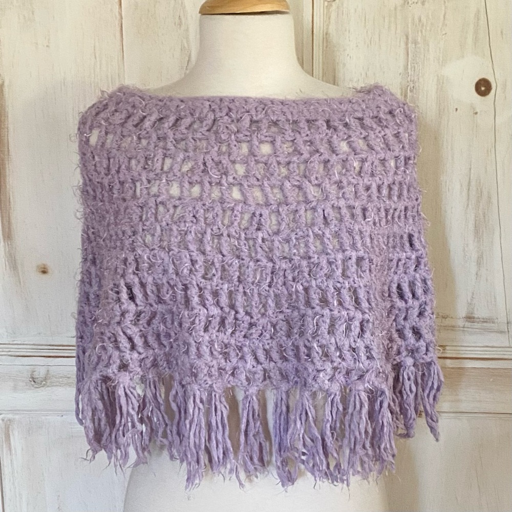Marilyn Pivnick Knit Poncho Cape with Fringe Lavender Angora Blend